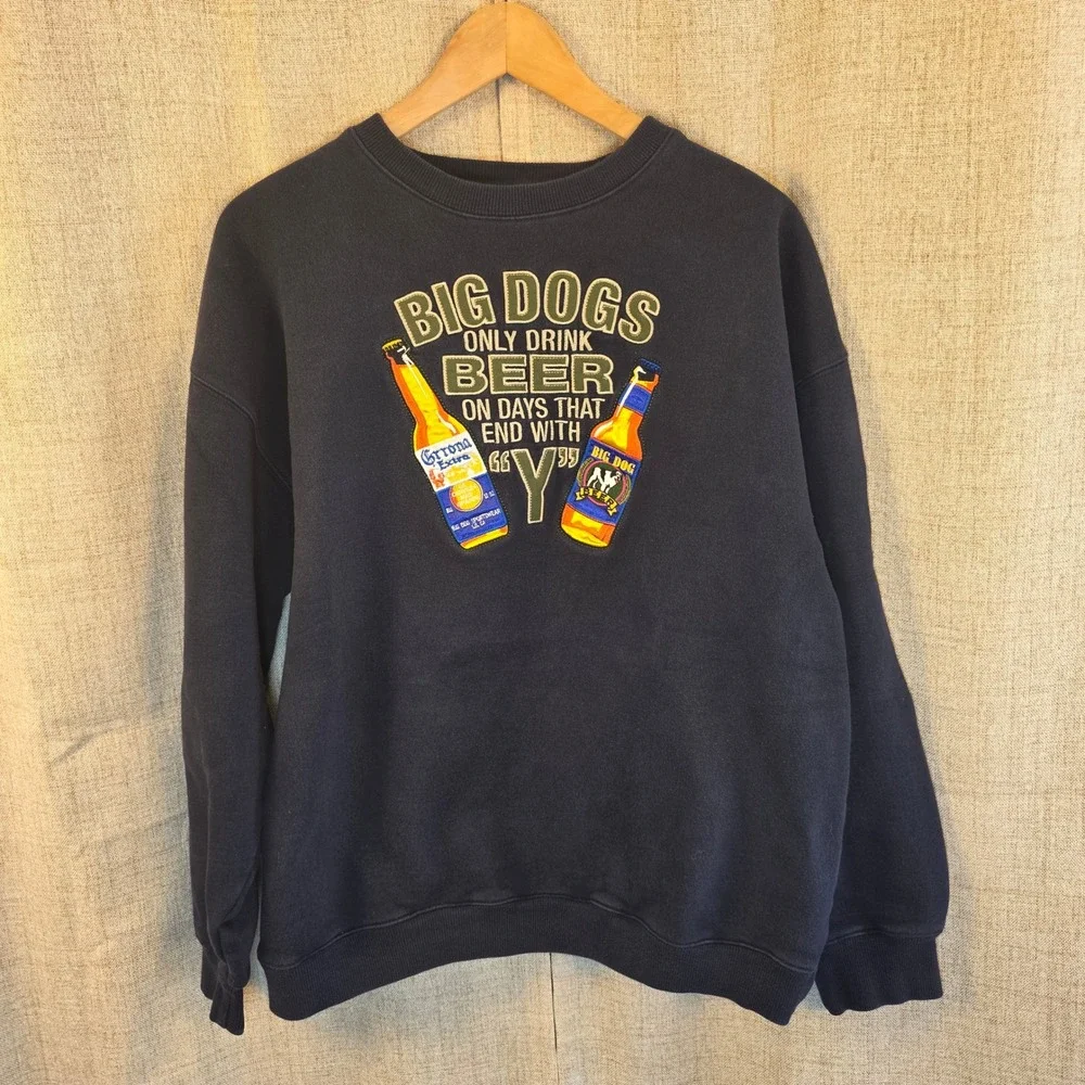 VTG Big Dogs Navy Blue Graphic Beer Sweatshirt Mens M Days End In Y Pullover Y2K